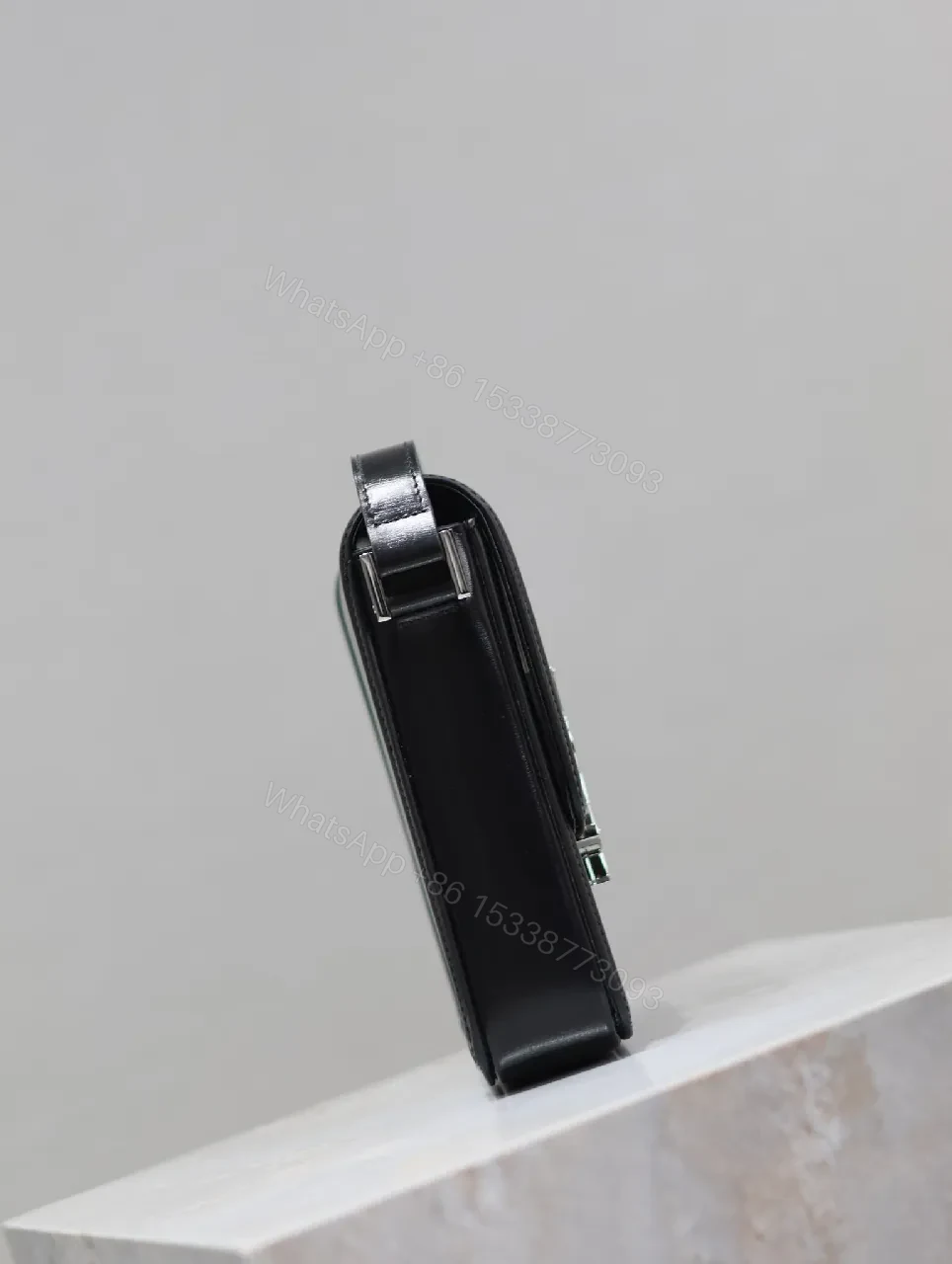 View 5 of Mini Crossbody: Black Leather, Luxe Chic, Logo Clasp, Crossbody Bag
