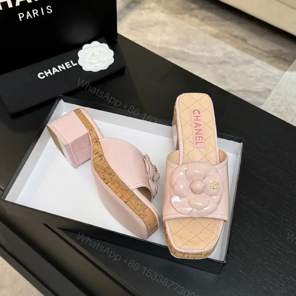 View 9 of Pink Quilted Slide Sandals with Floral Cork Platform