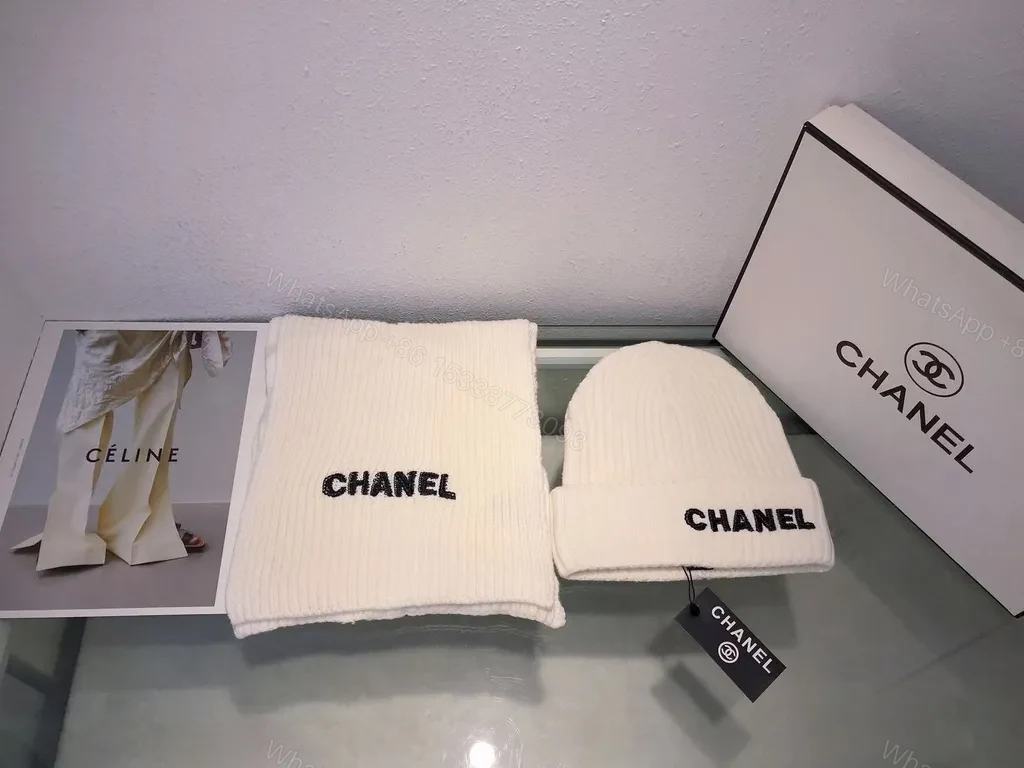 View 3 of White Knit Beanie & Scarf Set â€“ Chanel-Inspired Luxury Style