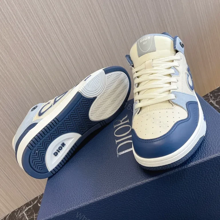 View 7 of Ivory Leather Dior-Inspired High-Top Sneakers with Blue Accents