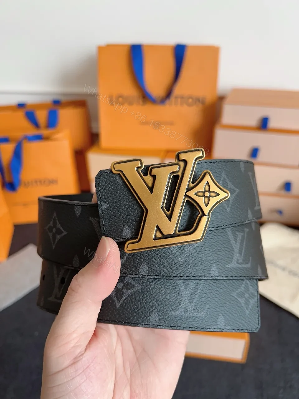 View 4 of Navy Leather Belt + Oversized Gold Buckle + Modern Luxury + Everyday Versatility Belt