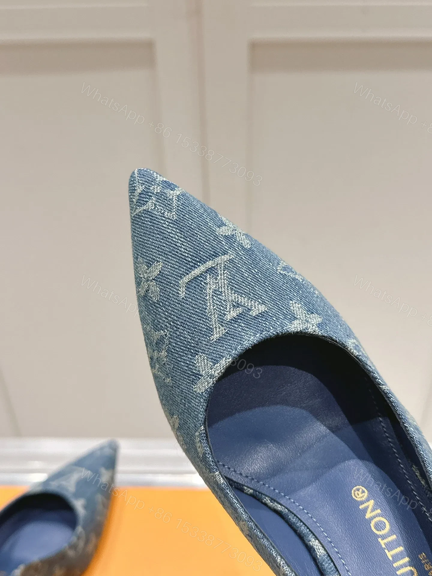 View 2 of LV Women Blue Denim Leather Trim Slingback Heels