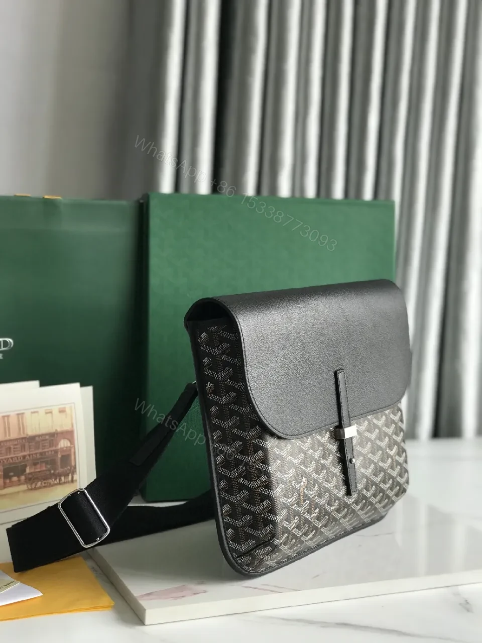 View 6 of Structured Black Leather & Patterned Panel Crossbody Bag