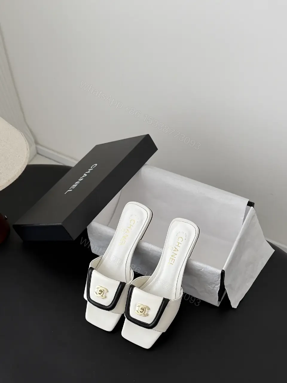 View 8 of White Leather Mules - Gold Logo Hardware, Open-Back Square Toe