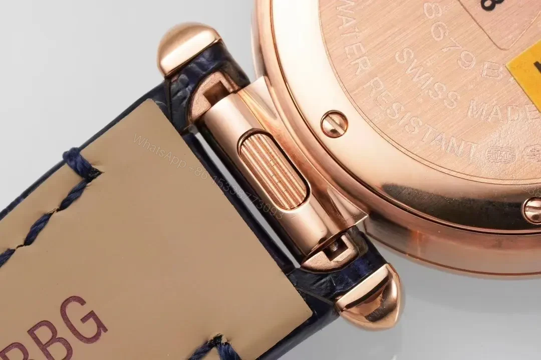 View 3 of GS Factory Cartier Pasha de Cartier Women’s Watch, 30mm Rose Gold Case with Diamond Bezel, Blue Leather Strap, Quick Change Feature