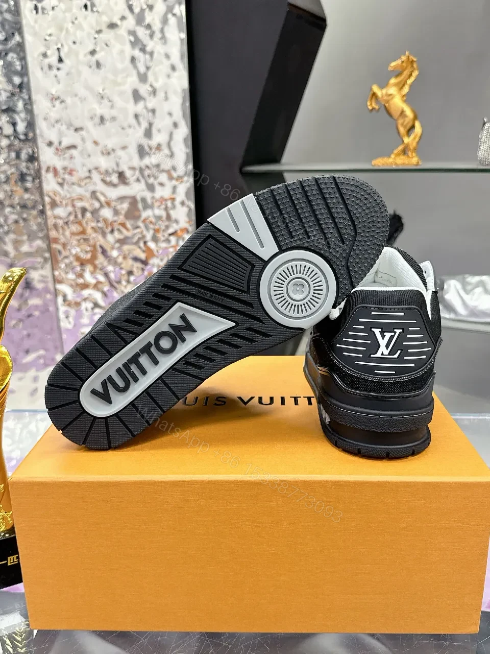 View 7 of Bold Black Denim-Textured Sneakers with LV Monogram