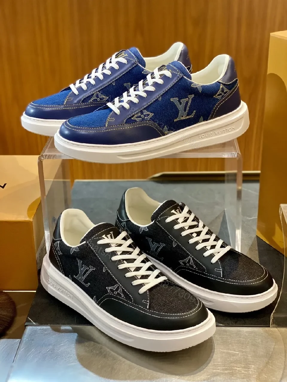 View 2 of Denim Monogram High-Top Sneaker: Subtle Luxe Comfort
