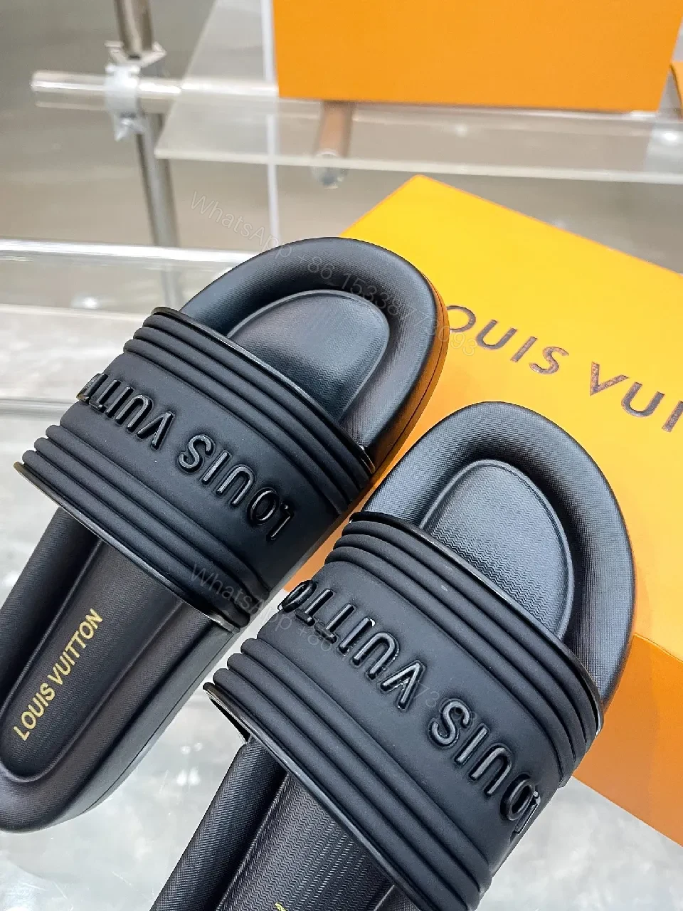 View 7 of Premium Black Slides with Striped Strap — Effortless Comfort