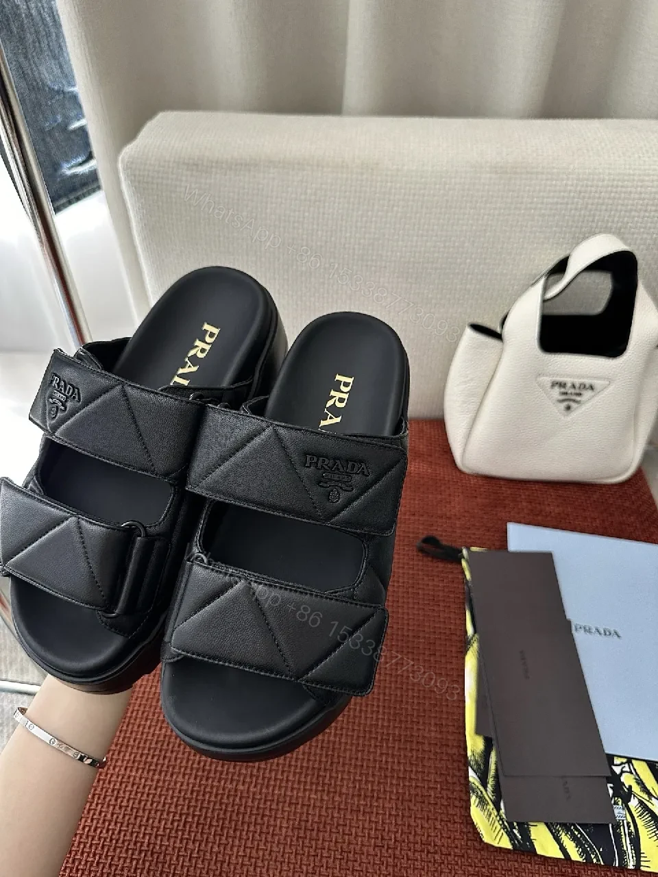 View 9 of Black Quilted Leather Slides | Structured Straps | All-Day Comfort