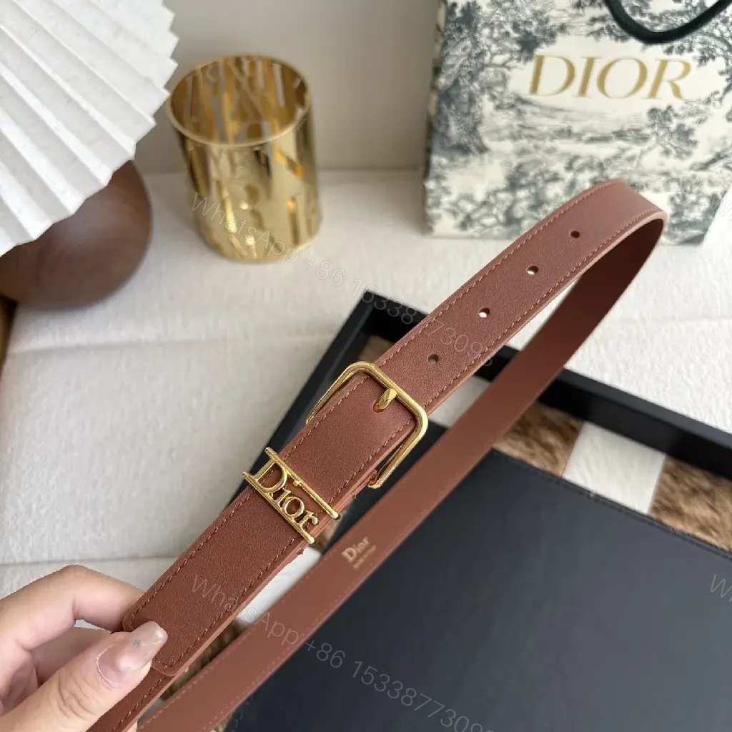 View 7 of Brown Leather Minimalist Belt with Gold DIOR Emblem Strap