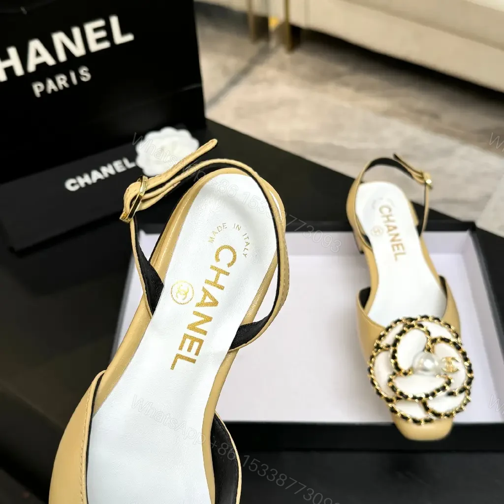 View 9 of Beige Leather Slingbacks with Pearl Embellishment – Low Heel