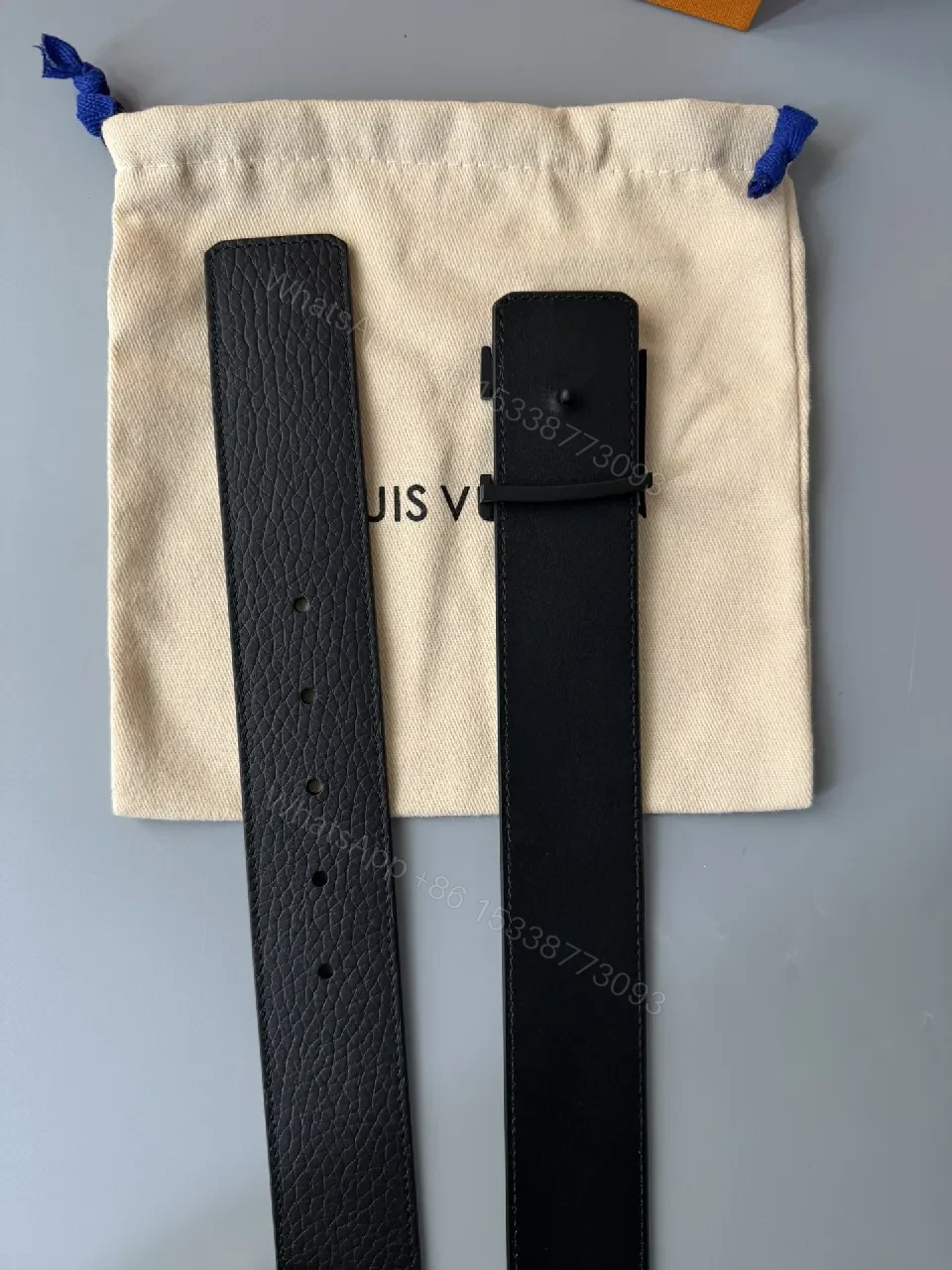 View 4 of Minimalist Black Leather Belt with Subtle LV Buckle
