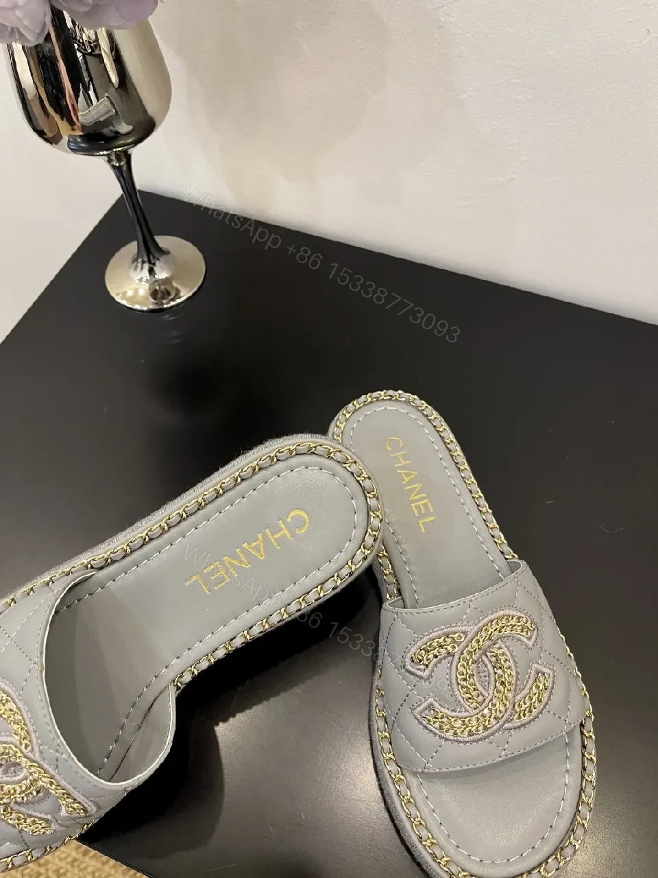 View 6 of Grey Leatherette Embellished Slide — Luxe, Cushioned, Slip-On