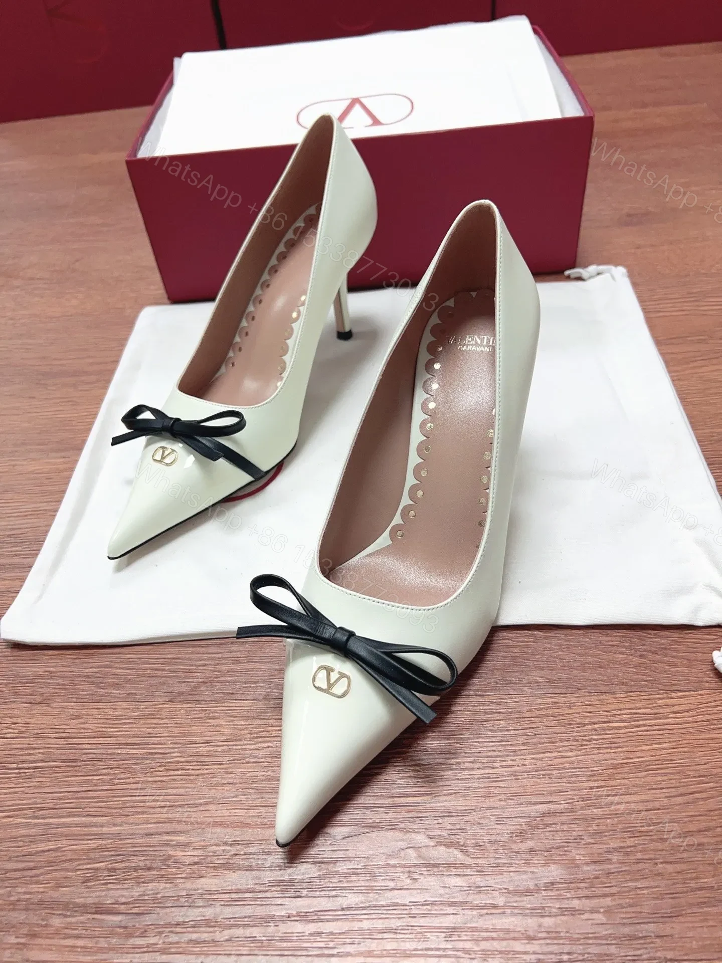 View 6 of Valentino Women White Leather Pointed Toe Pumps