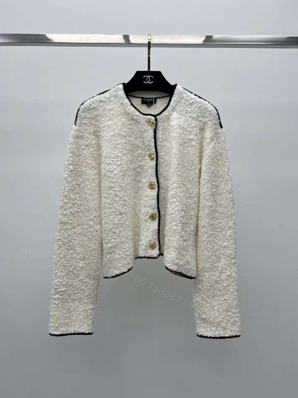 View 4 of Off-White Bouclé Cropped Jacket with Gold Button Trim