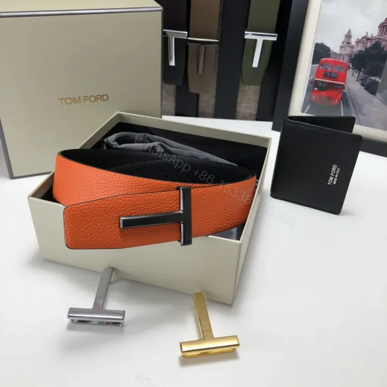 View 5 of Tom Ford Orange Leather Belt with Gold-T Buckle - Luxury Signature Gift