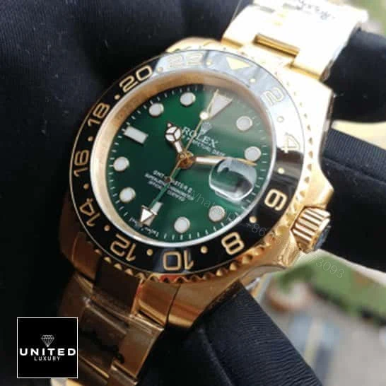 View 5 of Rolex GMT-Master II 11678LN Yellow Gold Green Dial oyster Replica