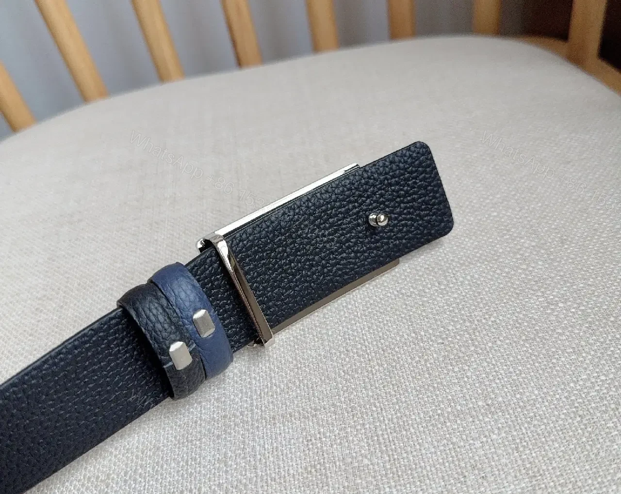 View 3 of Navy Textured Leather Belt with Brushed Metal Buckle
