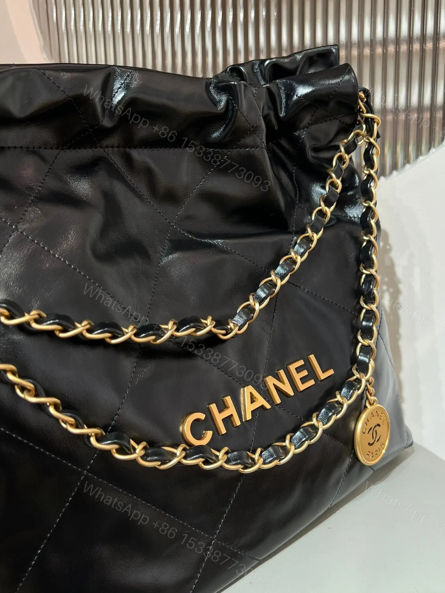 View 5 of CHANEL 22 Bag Small Gold & Black Lambskin Leather