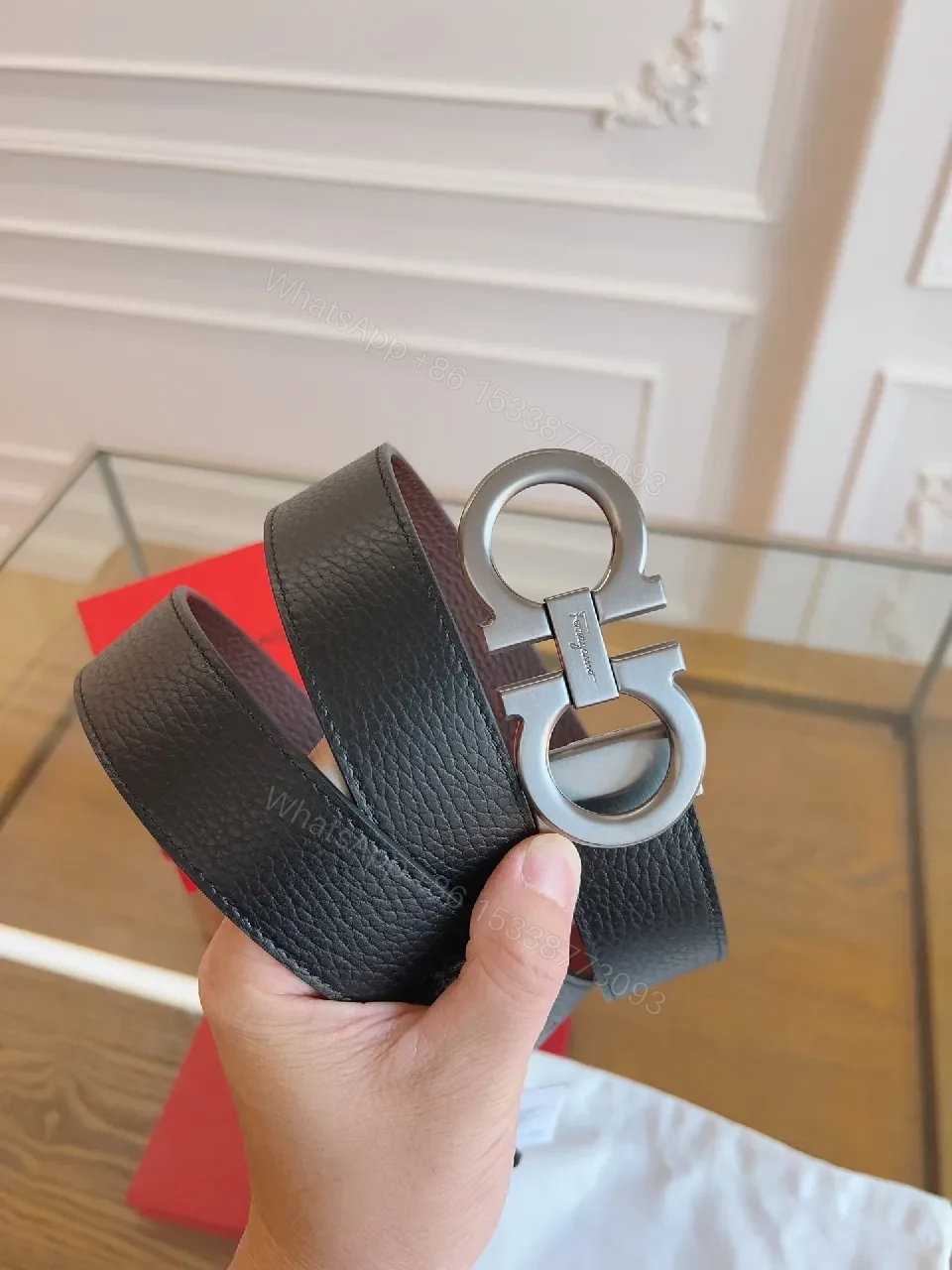 View 4 of Premium Leather Belt with Interlocking Buckle - Modern Luxury