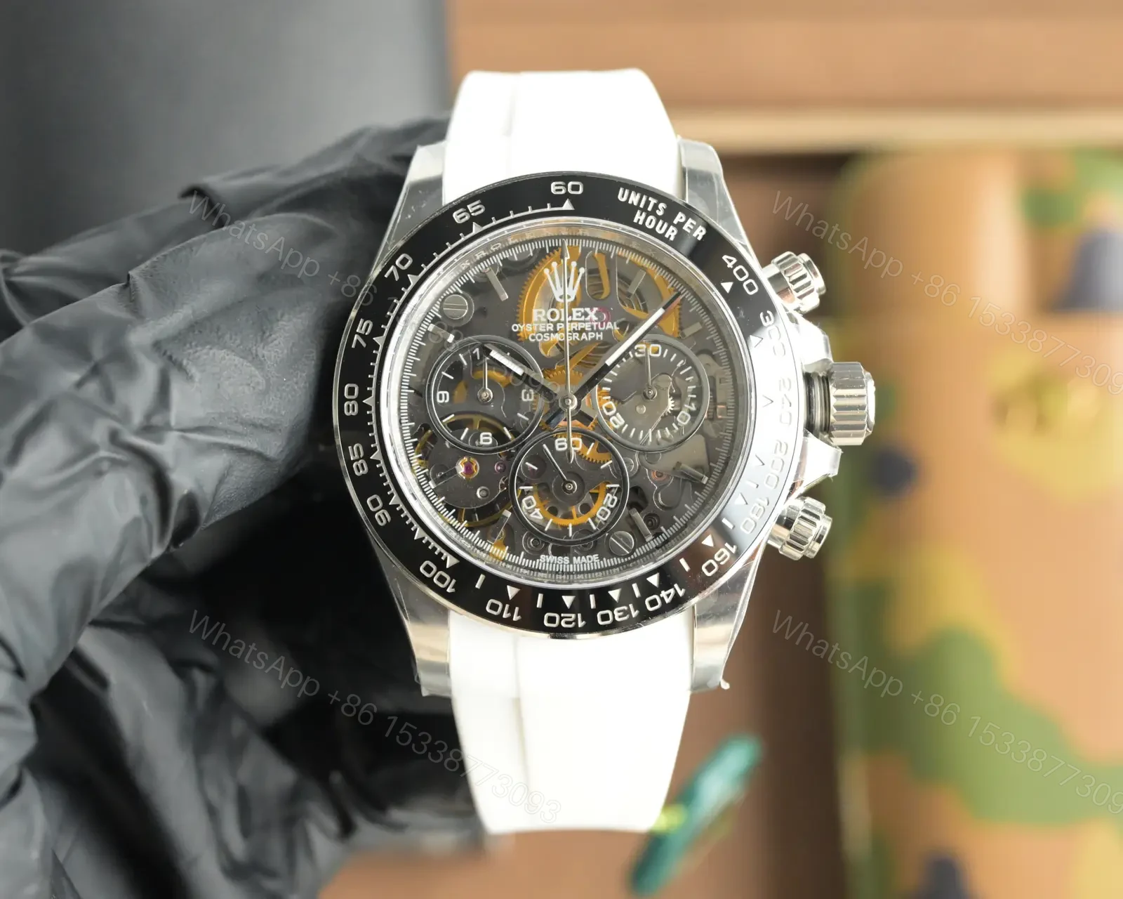 Rolex Daytona Skeleton Black Dial White Strap Edition 40mmRG-DAYTONA-SKELETON-WHITE — view 1