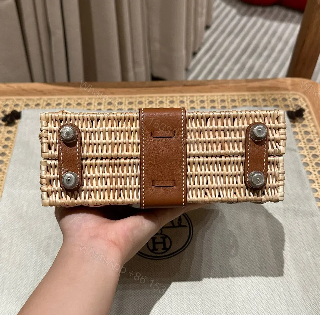 View 6 of HN PICNIC HANDBAG IN BROWN & NATURAL LEATHER AND WICKER SILVER HARDWARE