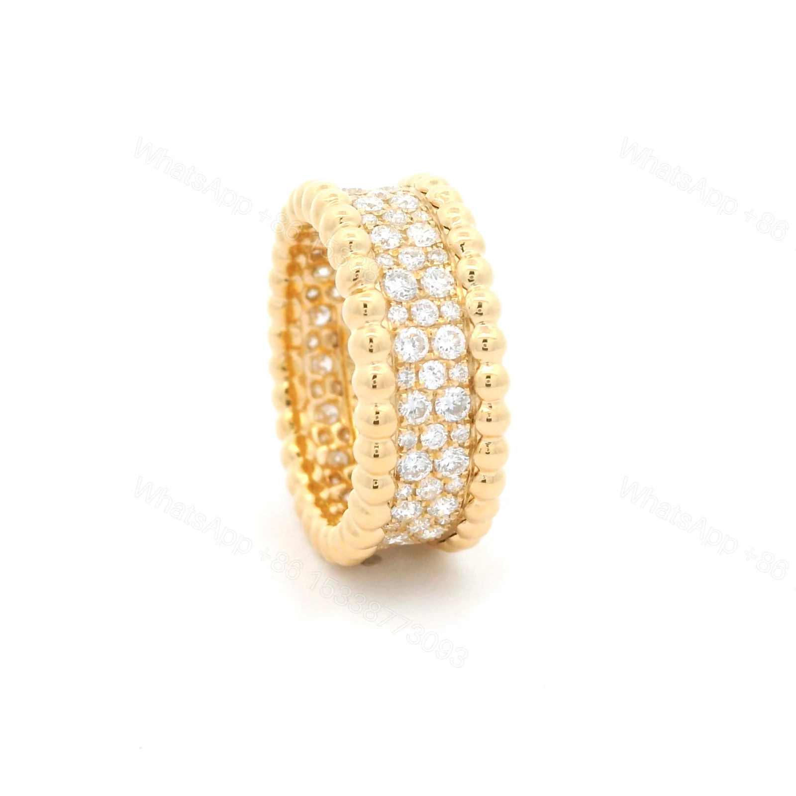 View 4 of 18K Gold Van Cleef & Arpels Perlée Pave 3 Row Wide Diamond Ring