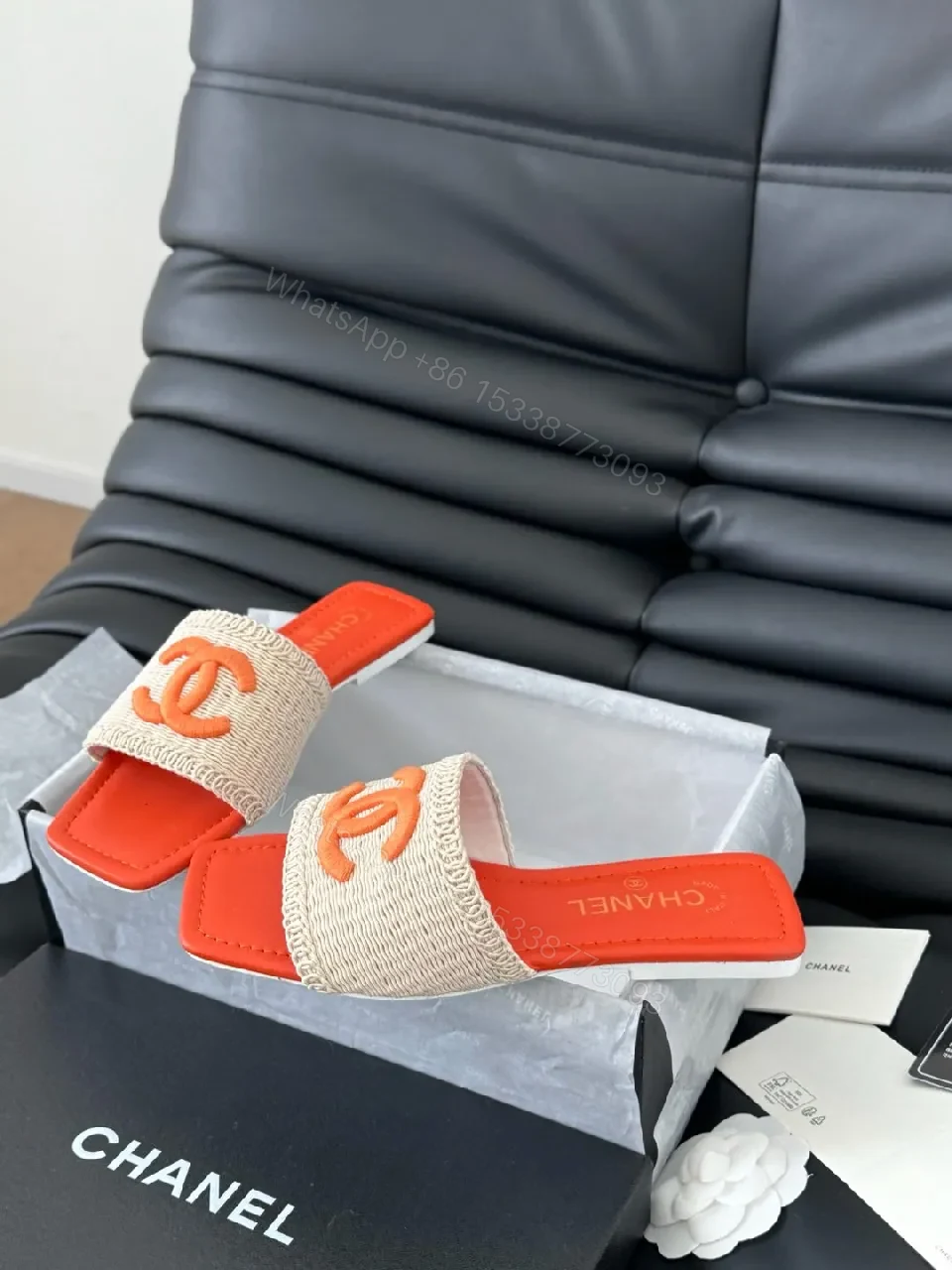 View 8 of Bold Orange-Blocked Chanel-Inspired Slide Sandals