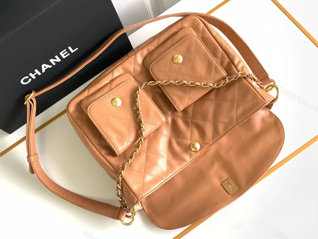 View 9 of Soft Quilted Leather Bag with Gold Chain Strap â€“ Camel Luxe Bundle (60)