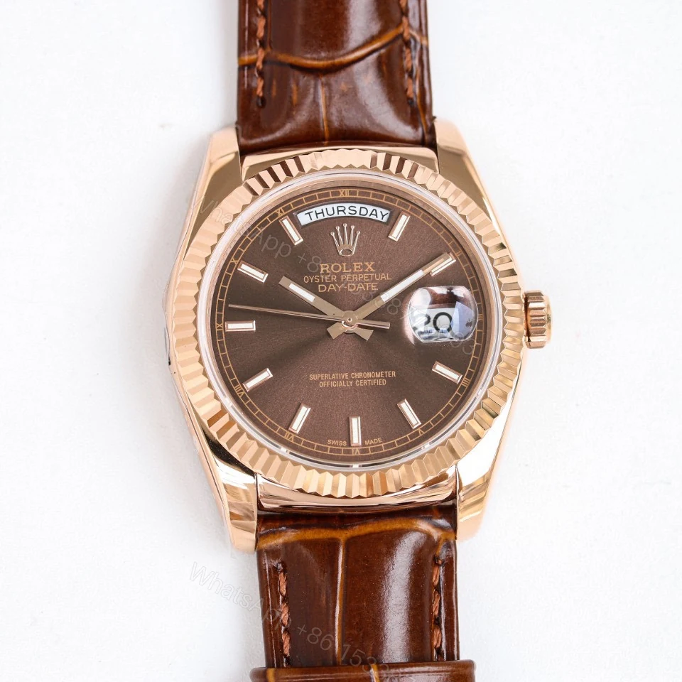 高仿 Rolex 總統表玫瑰金黑盤皮帶星期日历男士高仿腕錶 — view 1