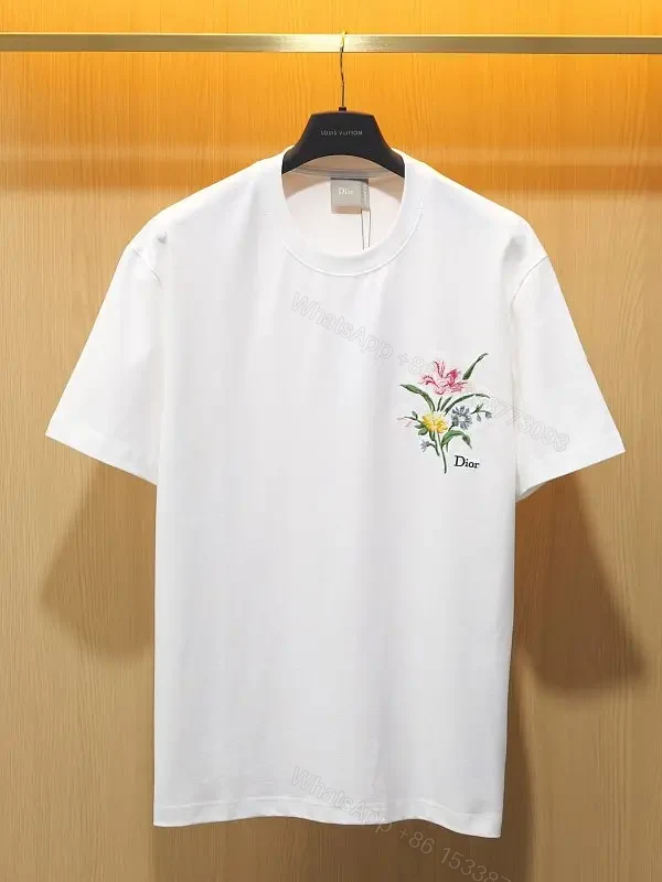 White Cotton Tee Floral Embroidered Round-Neck Shirt — view 1