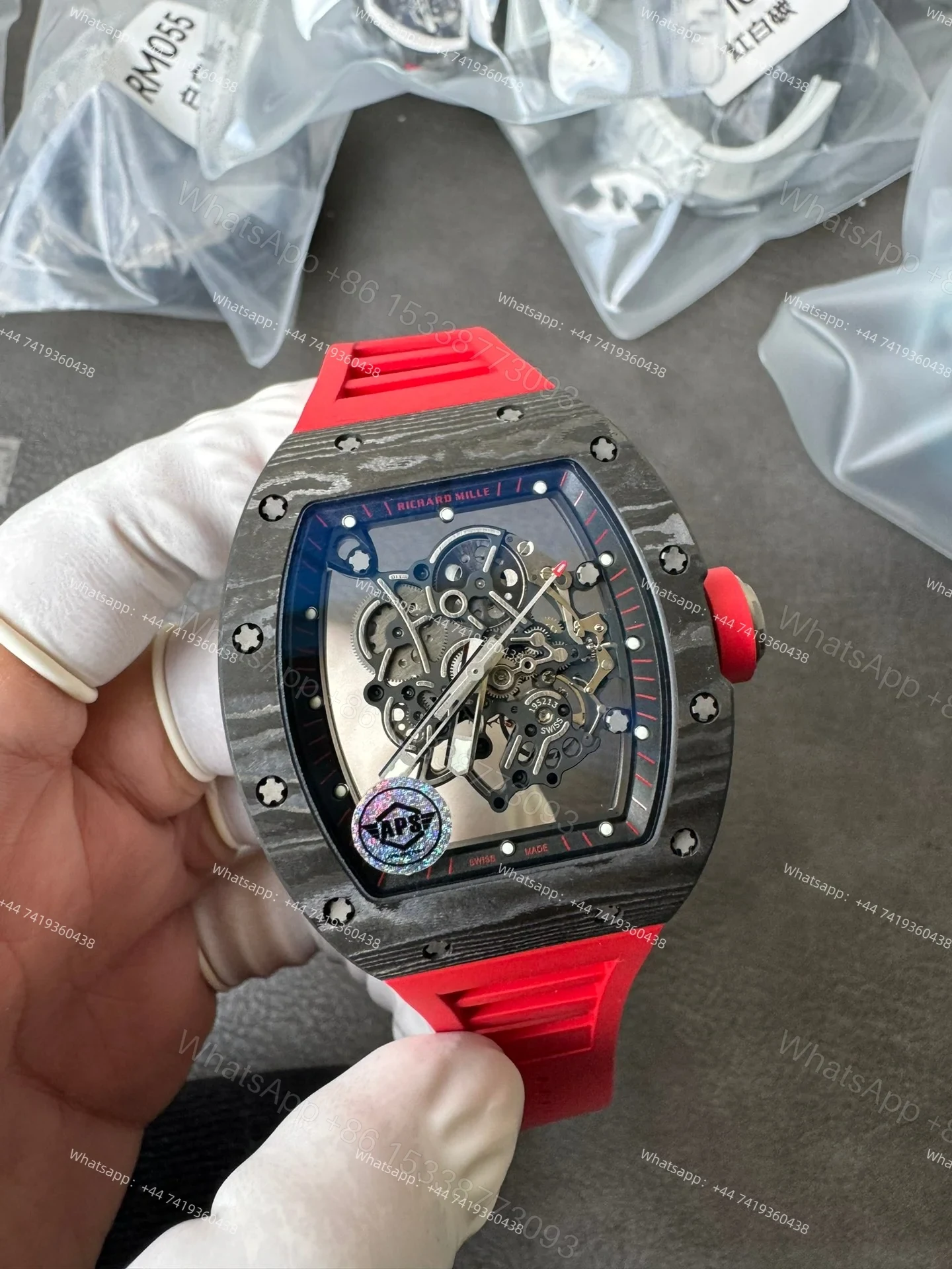 View 3 of Super Clone Richard Mille RM 055 Carbon TPT Red Rubber Strap 1:1 Replica Watch