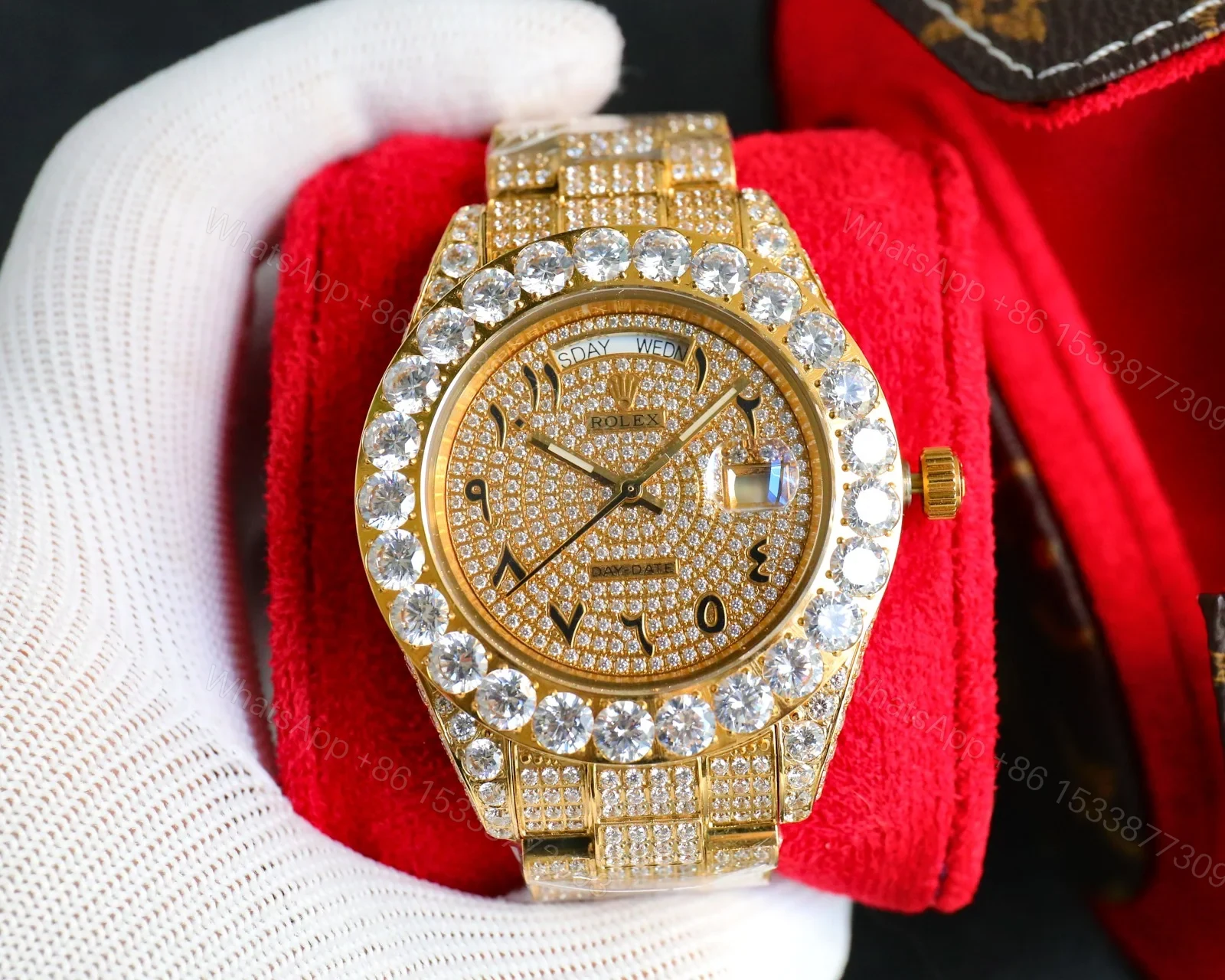 Rolex Day-Date Gold Iced Replica 42MM Premium Full Gold Bracelet Diamond Dial Edition ROLEX-DD-GOLD-ICED-FULL-GOLD-DIA-42 — view 1