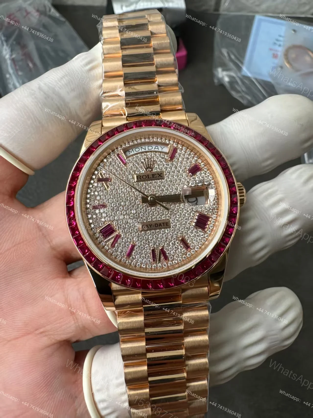 View 10 of Rolex Day-Date 228398TRU 1:1 Custom Edition Ruby & Moissanite Diamond Dial and Bezel 40MM 3255 Movement Super Clone Watch