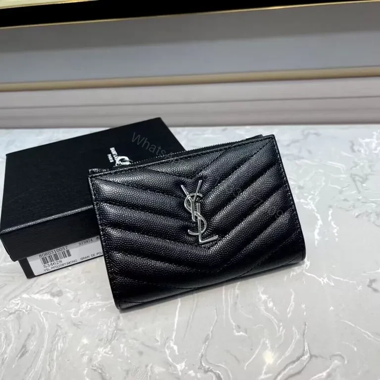 Chevron-Quilted Black Wallet â€” Slim YSL Style Wallet — view 1