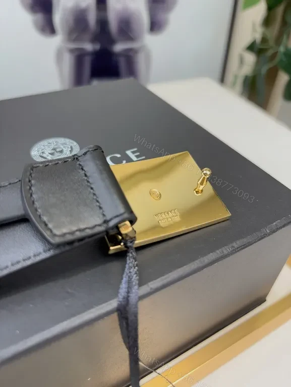 View 4 of Versace Black Leather Belt with Gold Medusa Buckle