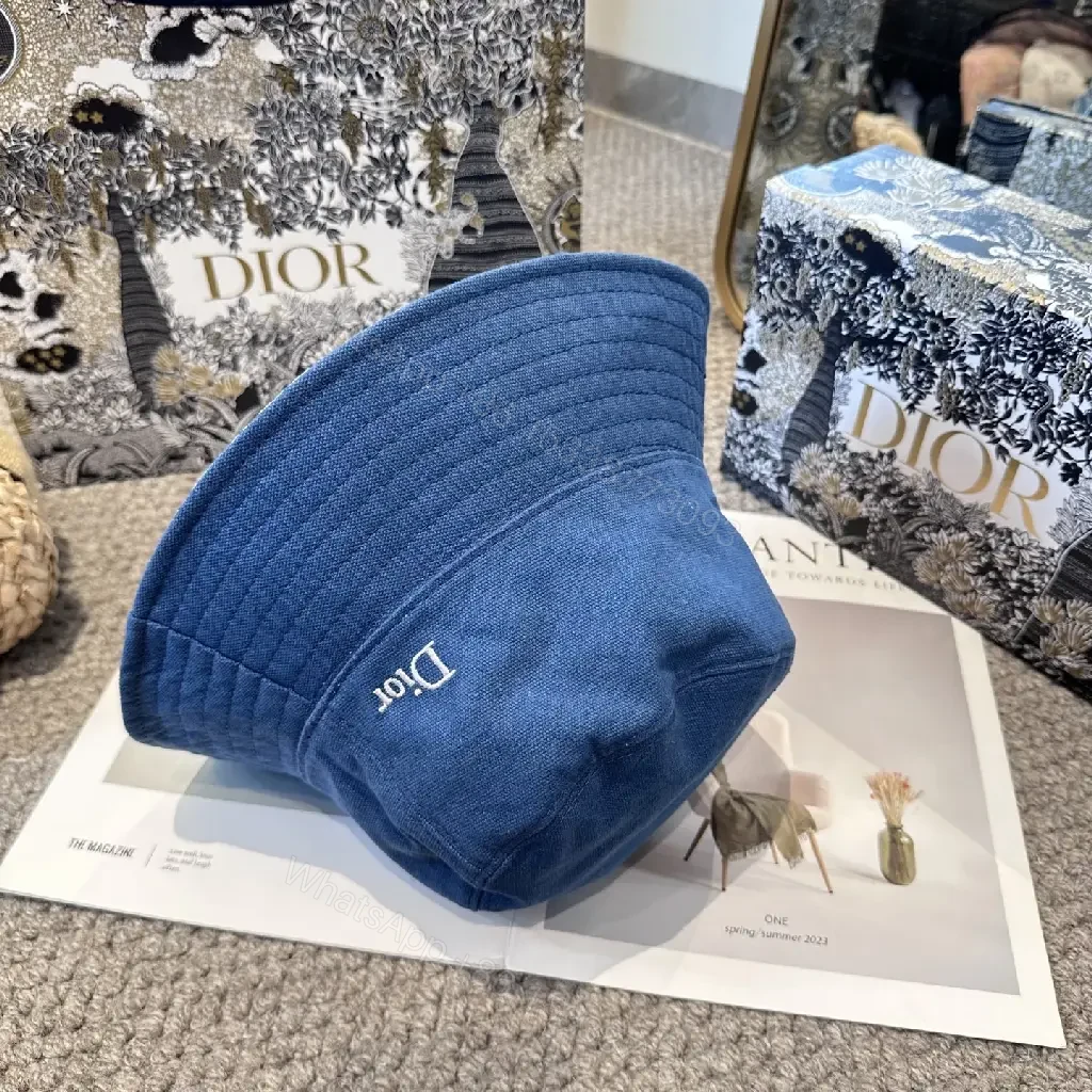 View 9 of Denim Blue Bucket Hat Solid Stitching Crown Embroidered Dior Logo
