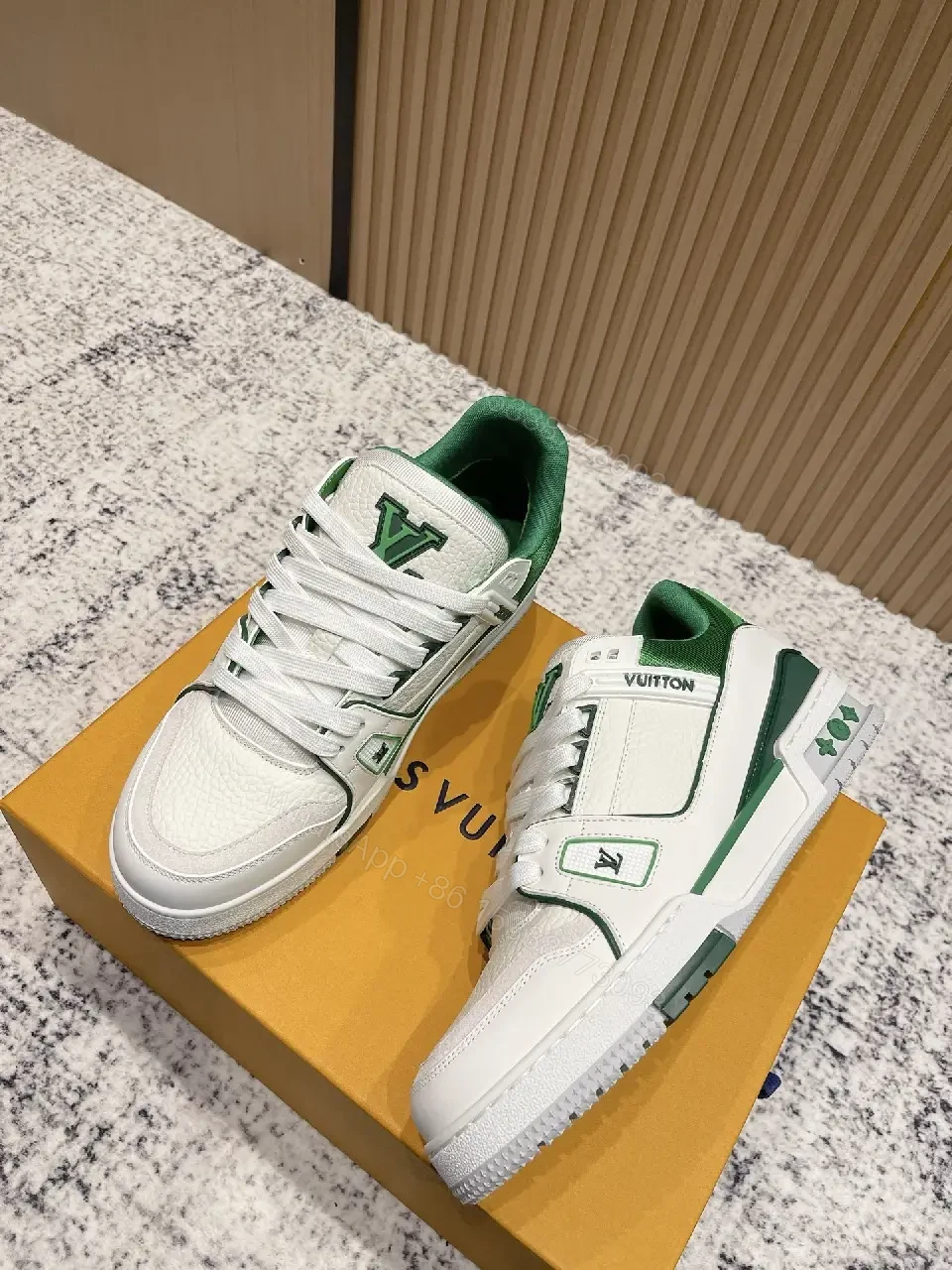 View 6 of White Leather Sneakers with Green Accents: Luxury Everyday Streetwear