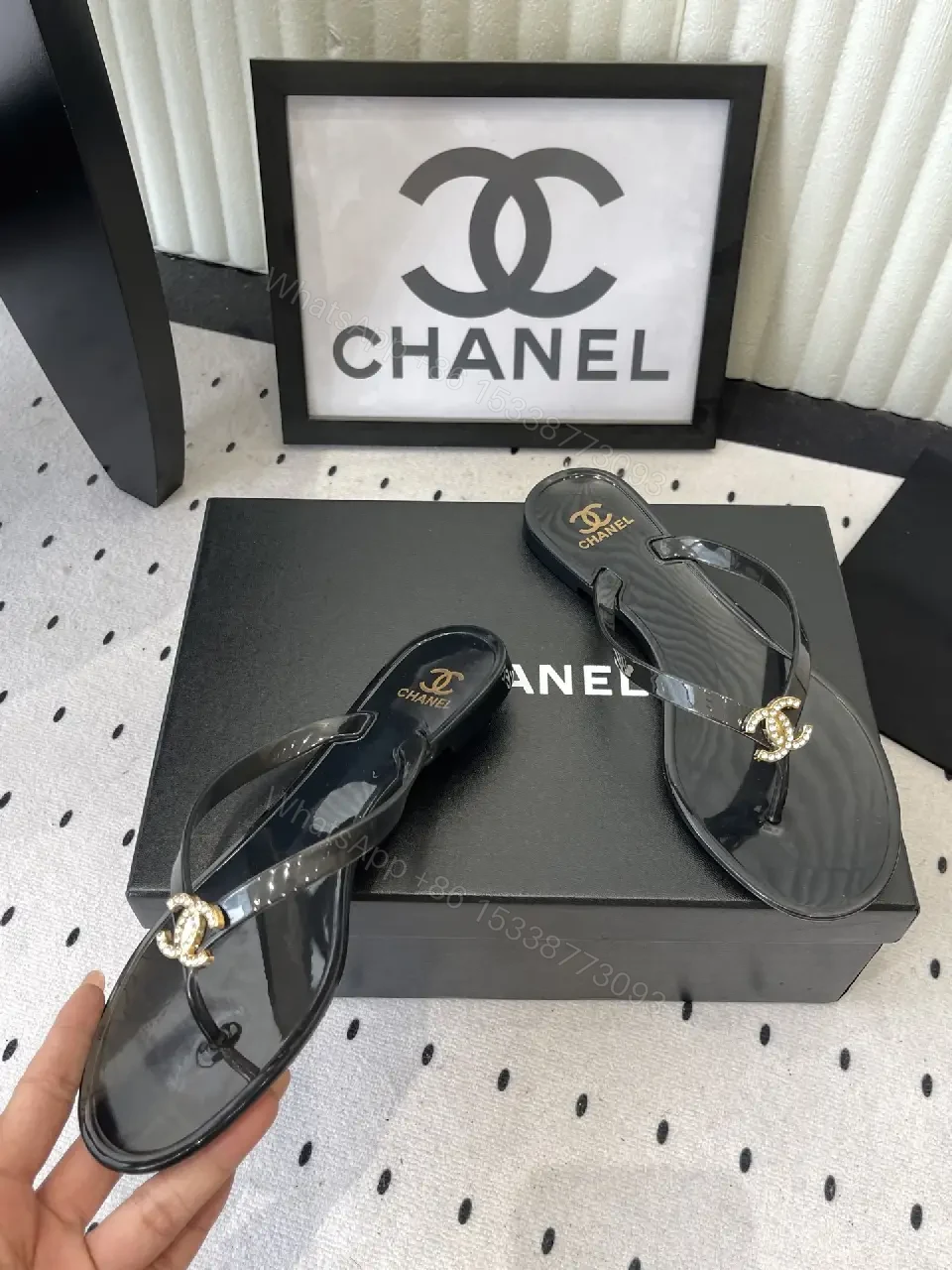 View 7 of Black Leather Plastic Sandals Classic Gold Chanel Logo Sandals