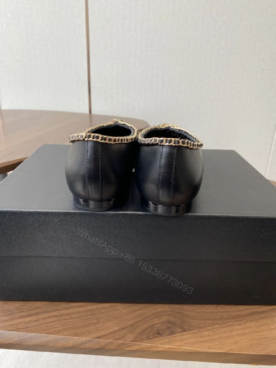 View 6 of Black Leather Ballet Flats with Chain Bow Accent - Luxe Style