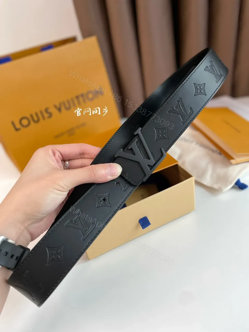 Textured Black Leather Belt — Modern Monogram, Premium Grip — view 1