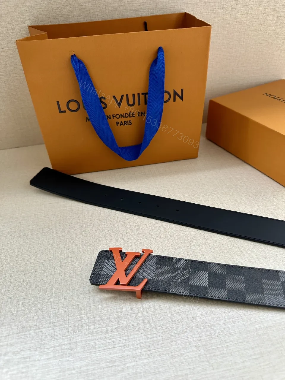 View 6 of Bold Monogram Belt: Coral Buckle, Damier Pattern Leather Belt