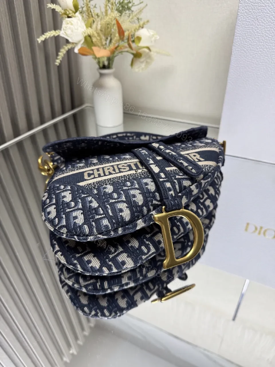 View 6 of Patterned Monogram Crossbody Bag - Navy, Luxe Fabric, Structured, Versatile Carryall
