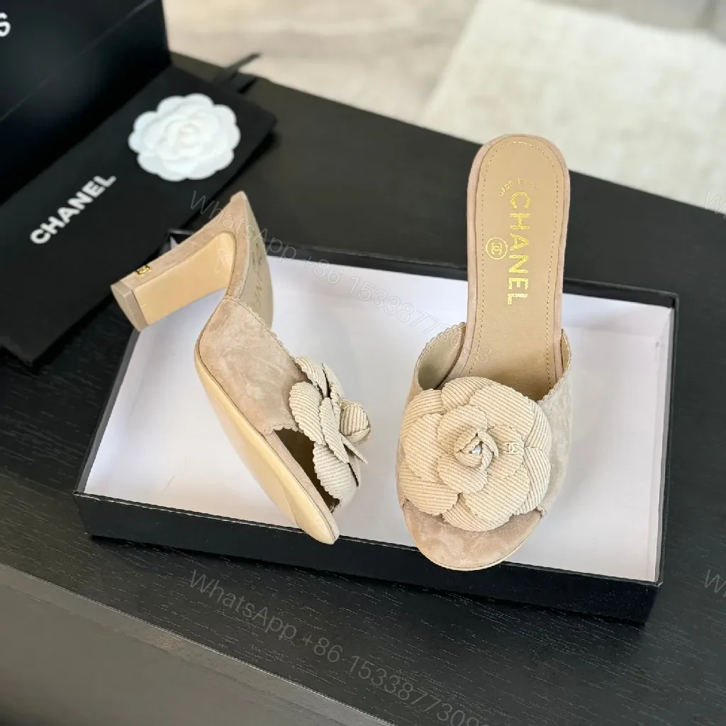 View 3 of Beige Camellia-Detail Sandals: Textured Luxury Slides
