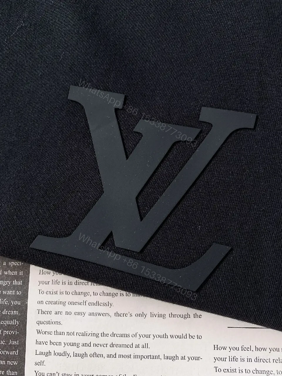 View 2 of Black Solid Cotton Tee, Relaxed Fit, LV Logo Chest Crewneck Shirt