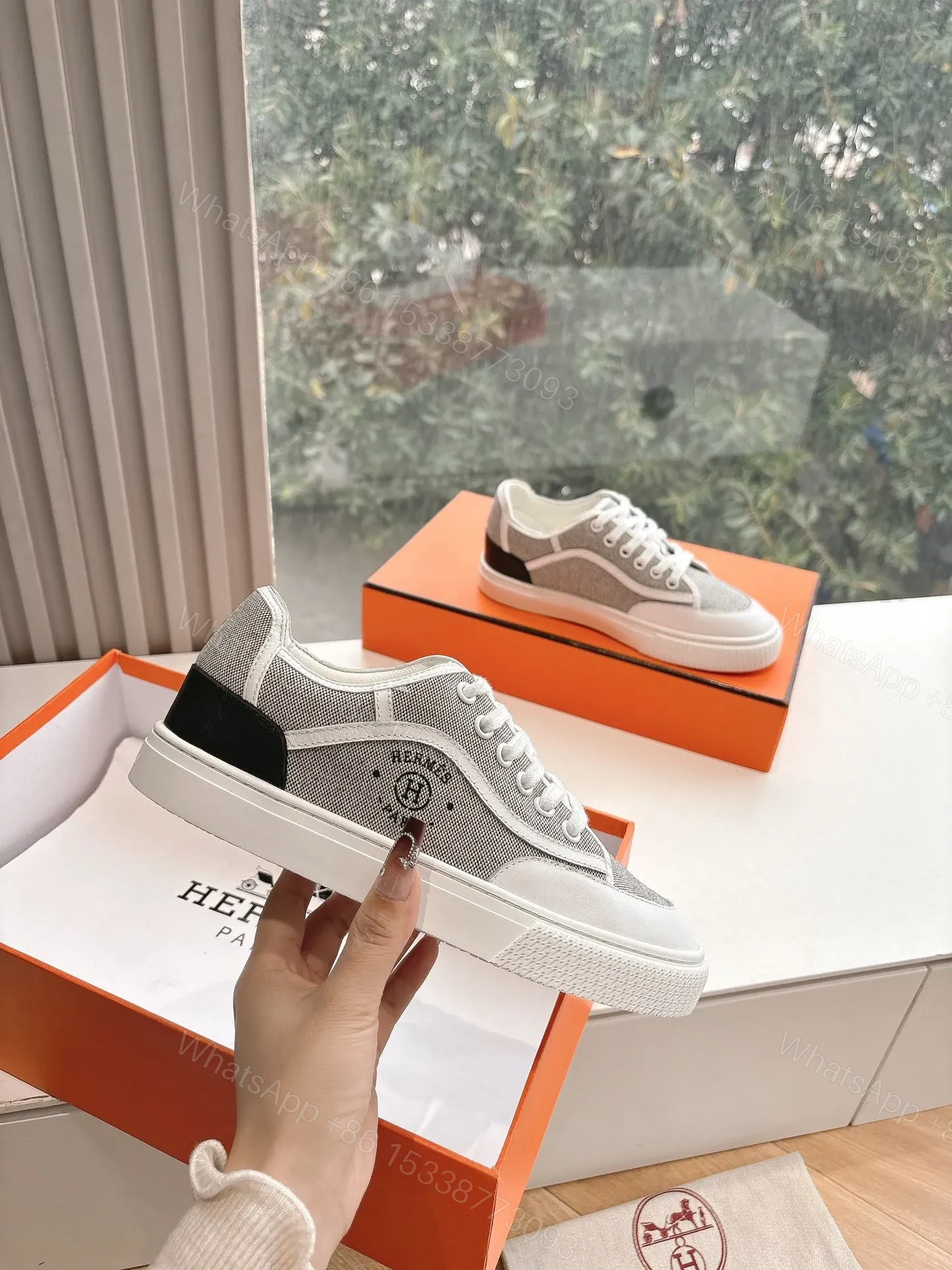 View 4 of Hermes Women White Gray Mesh Canvas Sneakers