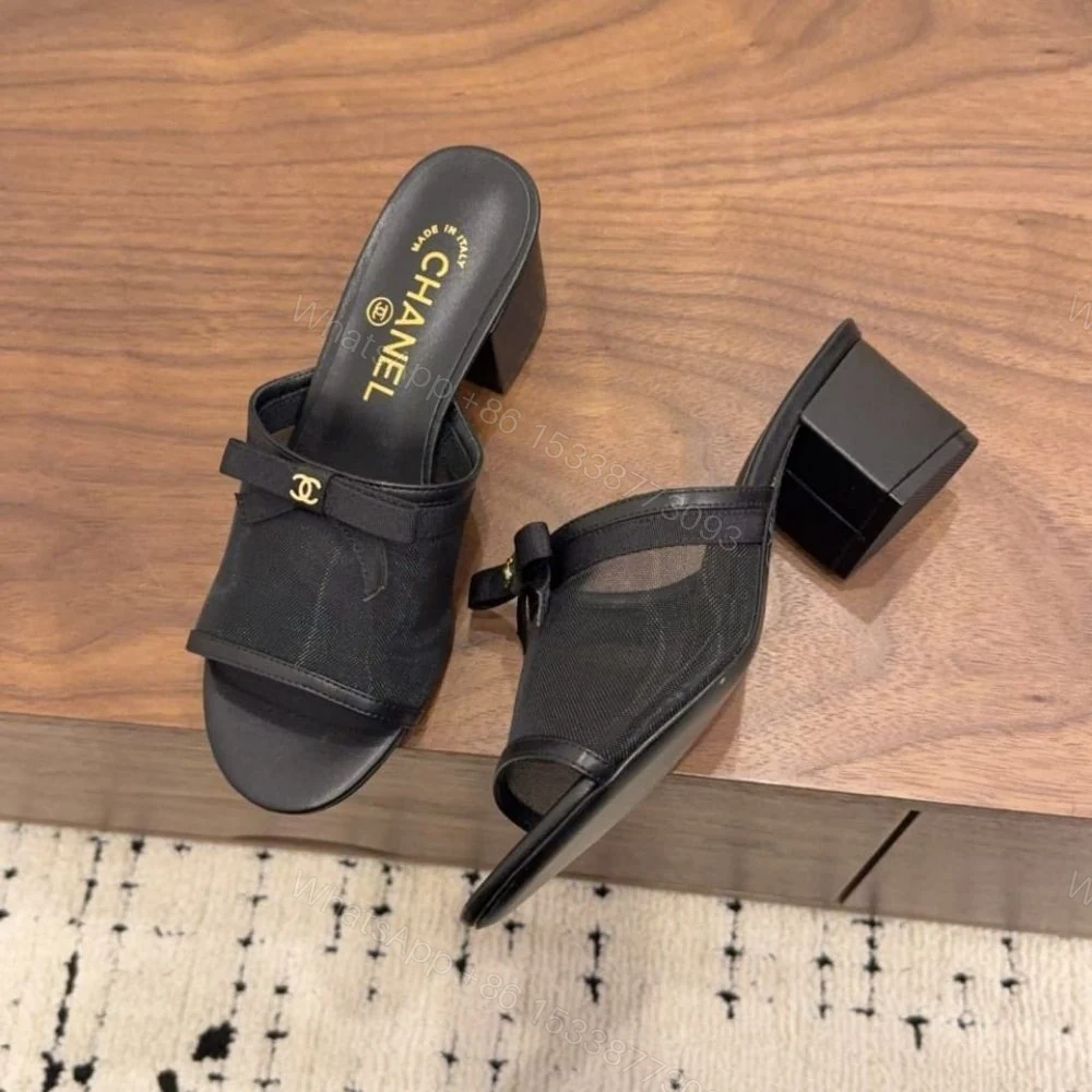 View 5 of Chanel Mesh Bow Block Heel Mules Black