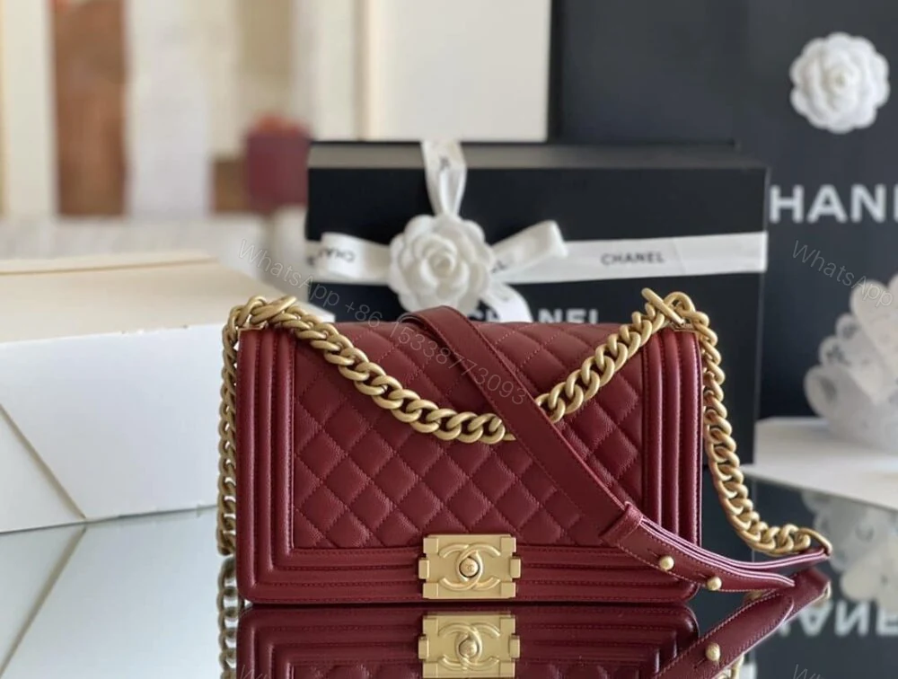 View 2 of Chanel Medium Boy Caviar Handbags Red 25Cm