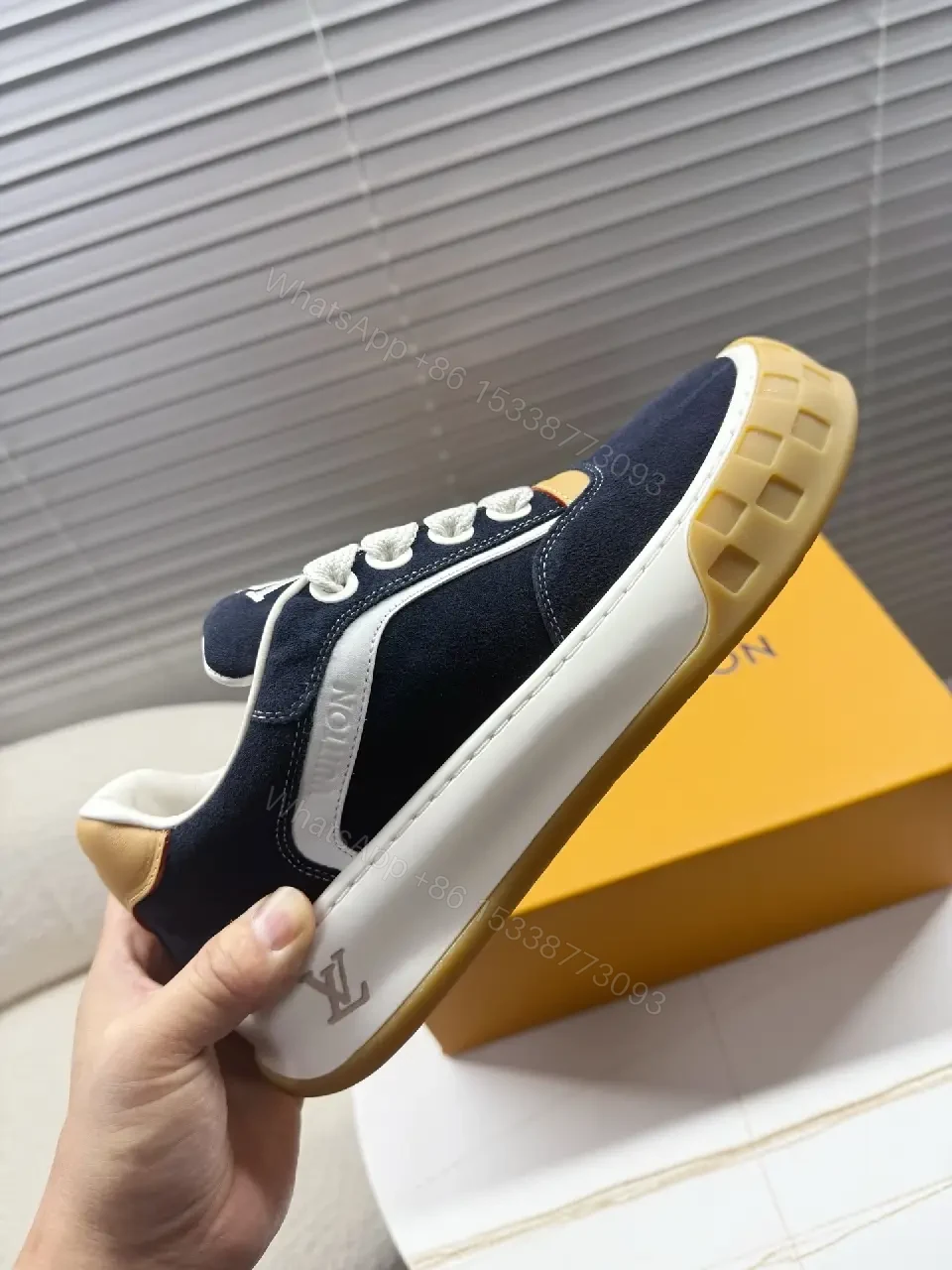 View 5 of Navy Suede Luxe Sneaker: Cream Accents, Gum Sole, High-Top