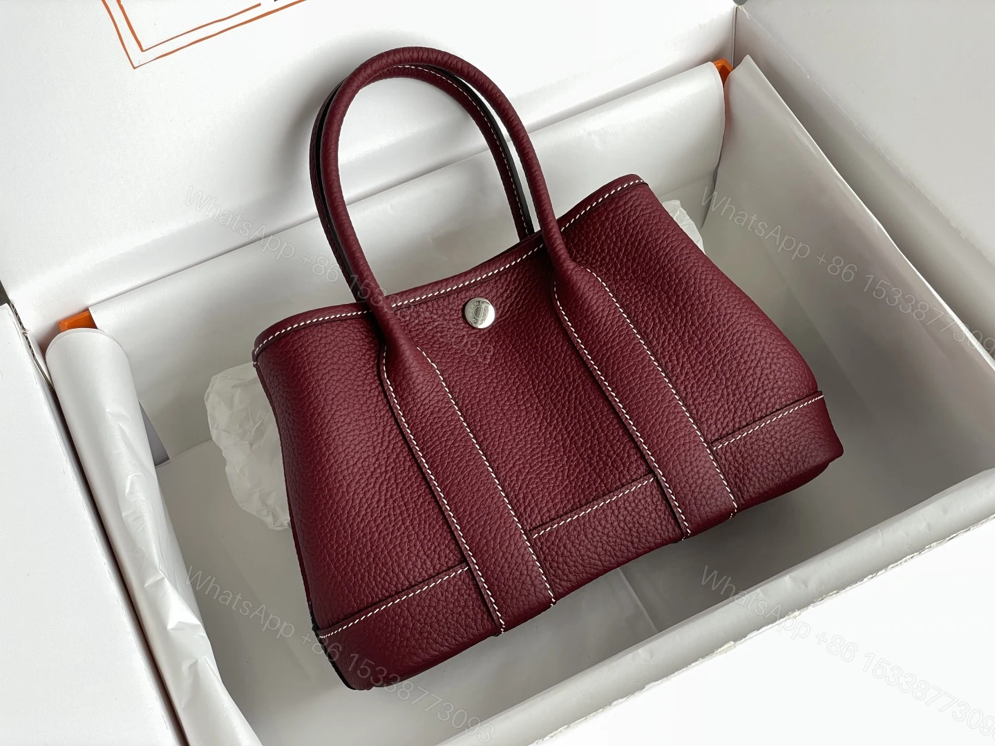 高仿Hermes Garden Party托特包 高端荔枝纹牛皮 酒紅色款 — view 1